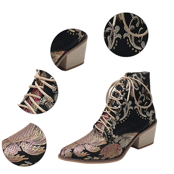 NEW Floral Jacquard Retro Bridgerton Style Booties Black Pink 6.5 CAN 37 NWOT - Picture 5 of 8